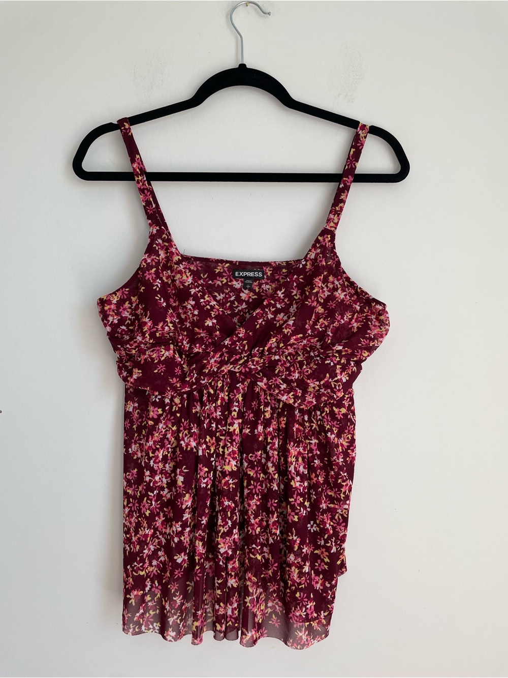 Express Maroon Dainty Floral Mesh Baby Doll Top Size L